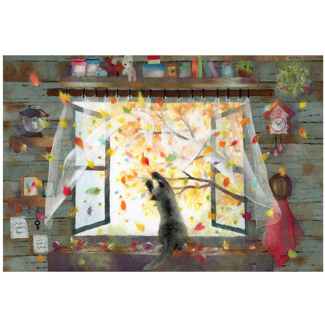 まてまて 窓辺の黒猫シリーズ秋 かわいい子猫のイラスト 2lサイズ プリント 和紙絵工房 和紙絵作品のプリントweb通販