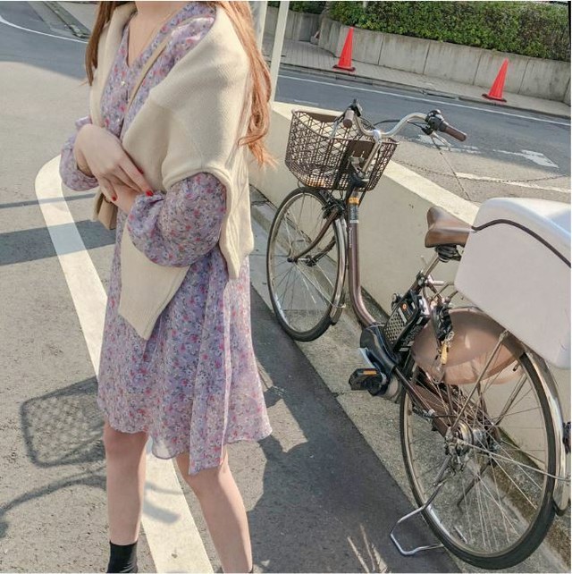 花柄 ラベンダー パープル シフォン ワンピース ミニ丈 長袖 デート 韓国 オルチャン Cocotown