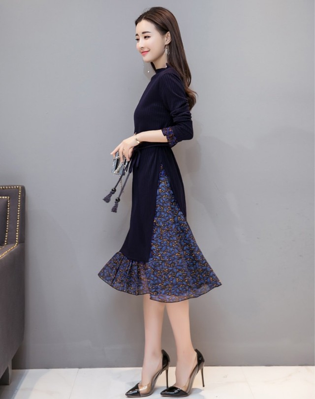 シースルーリブニットワンピース ワンピース フレア 膝丈 フリル シフォン プリーツ セットアップ風 ドッキングデザイン ブラック フェミニン ガーリー きれいめ シック パーティー 美人感 こなれ感 Ol セクシー デート お出かけ お呼ばれ 1364 Sayurio レディース