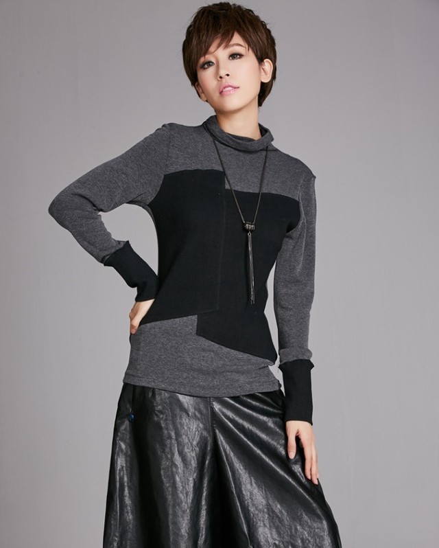 シャツ バイカラー シンプル モード系ファッション タートルネック ヒットカラー ステッチ 長袖 Tシャツ Mt Eclat