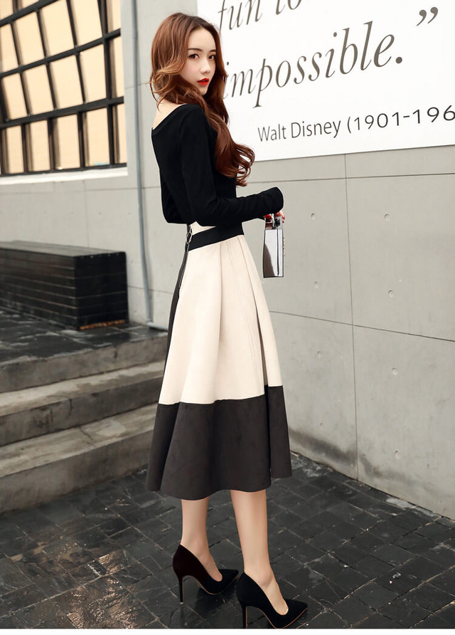 ワンピース レディース きれいめ ミモレ丈 上品 秋 冬 バイカラー セパレート 長袖 Aライン 膝丈 ブラック ホワイト ブルー ファスナー ボートネック F0002 a Style