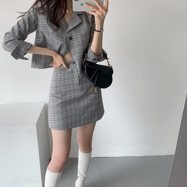 チェック セットアップ 韓国 ファッション レディース ジャケット 秋服 レディース チェック柄 スカート ジャケット 上下セット 2点セット グレンチェック 秋 セットアップ レディース Vestito