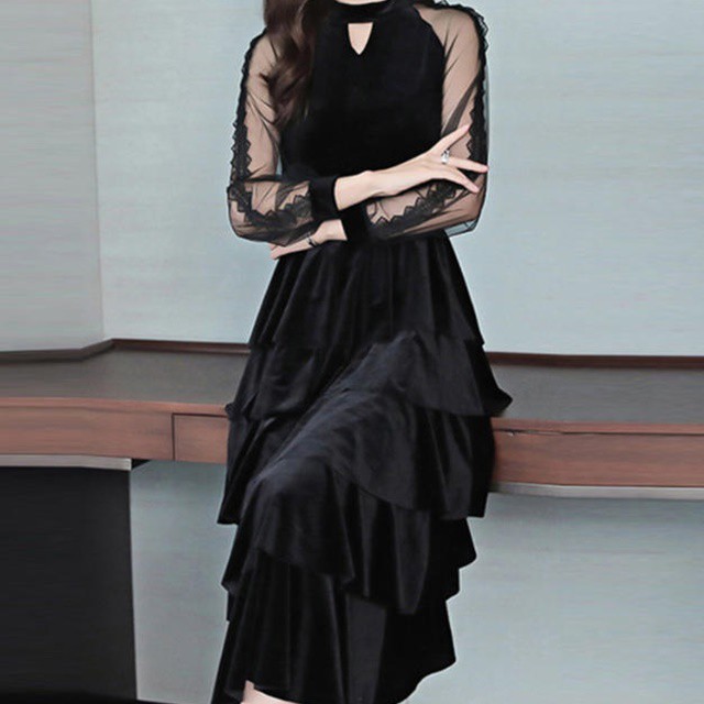 送料無料 ワンピース 冬 きれいめ 長袖 ロング丈 シースルー ティアード ベロア ハイウエスト Aライン お呼ばれ フォーマル 結婚式 二次会 代 30代 40代 ブラック Op 510iu Imagibune