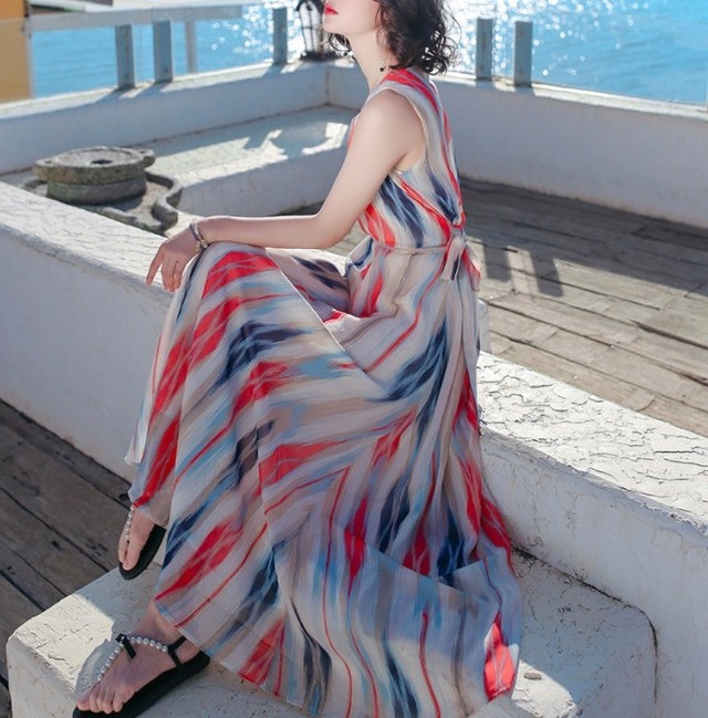 ノースリーブ ワンピース シースルー シフォン マキシ丈 エスニック風 ロングワンピース リゾート 夏 海 Fashionlover