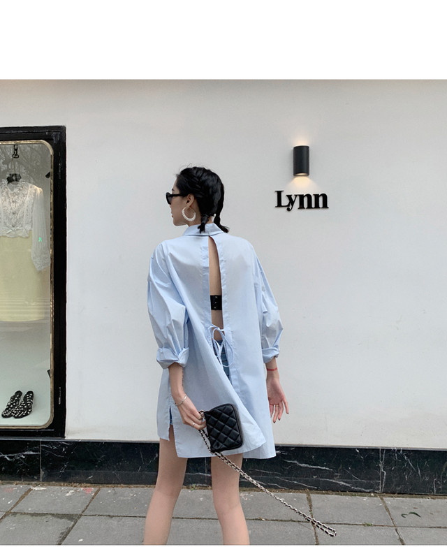 即納 B011 背中開きバックシャンロングシャツワンピース ホワイト ライトブルー 背中あき 長袖 Uv 紫外線対策 ブラウス 彼シャツ 袖あり セクシー 肌見せ 無地 トップス オーバーサイズ 大きいサイズ シンプル メール便 代官山インポートワンピースのセレクト