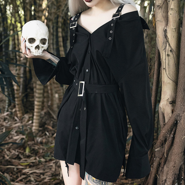 ワンピース レディース ブラック 長袖 オフショルダー ゴスロリ ベルト付き パンクロック V系 ヴィジュアル系 ライブ 服 スカート 大きいサイズ Lady Oliver