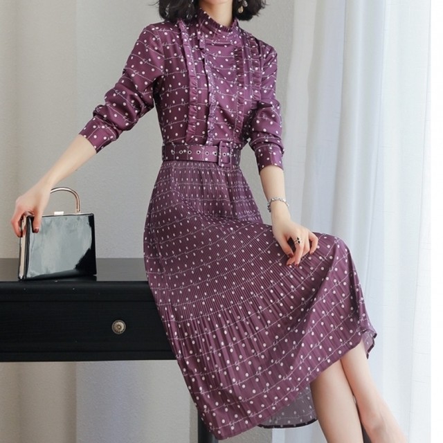 ハイウエスト シャツワンピース ロング丈 ミディアム ドット パープル シフォン レトロ ポルカドット フェミニン きれいめ 秋冬 Bringhappiness