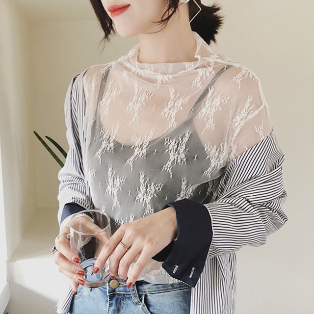 レース チュール トップス レディース ハイネック レースインナー シースルー 長袖 トップス 黒 白 セクシー おしゃれ かわいい インナー Infini Arc En Ciel