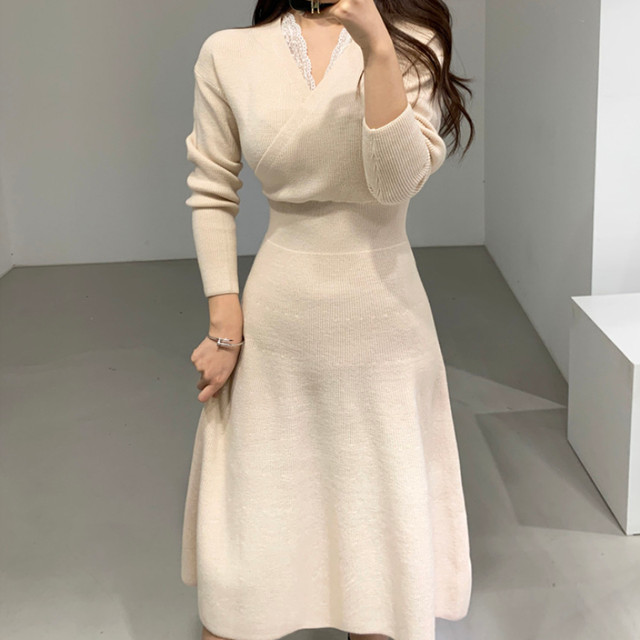 ワンピース ニット Vネック 長袖 カシュクール ウエストシェイプ 大人キレイ デート 通勤 レディース Evergreen