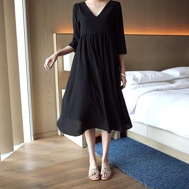 ワンピース フレア Vネック 7分袖 シンプル マタニティ 白 黒 前後逆 Ruru