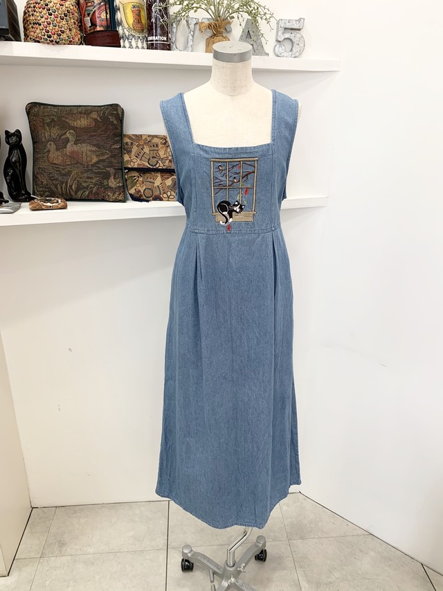Vintage ヴィンテージ ワンピース One Piece デニムワンピース ネコ 刺繍 サイズs Denim uta5