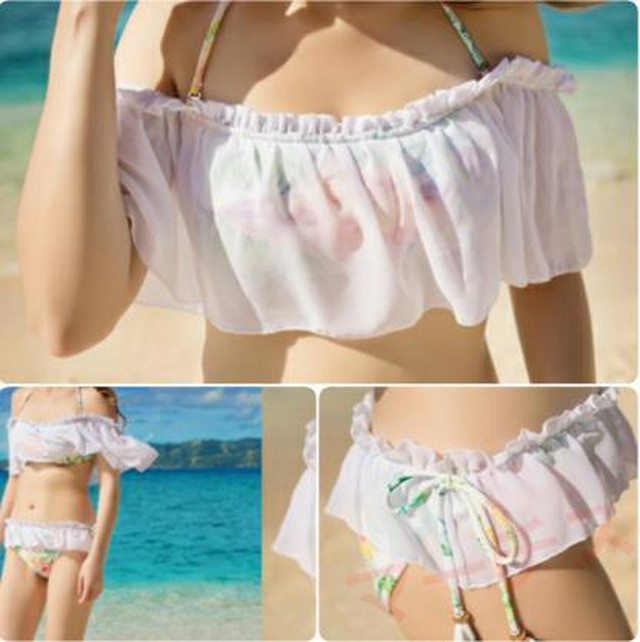 オフショルダー 水着 バンドゥ ビキニ レディース フリル シフォン ホワイト 白 Marchs67