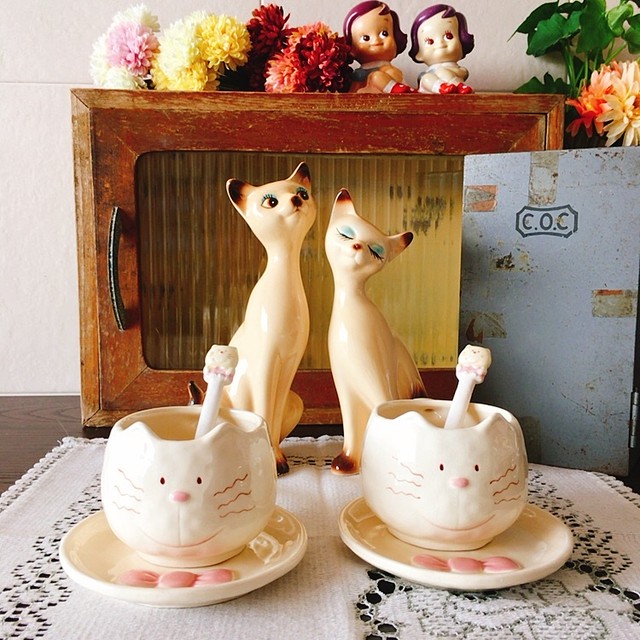 昭和レトロ 猫 陶器 置物 ペア レトロ雑貨 チェリッシュ