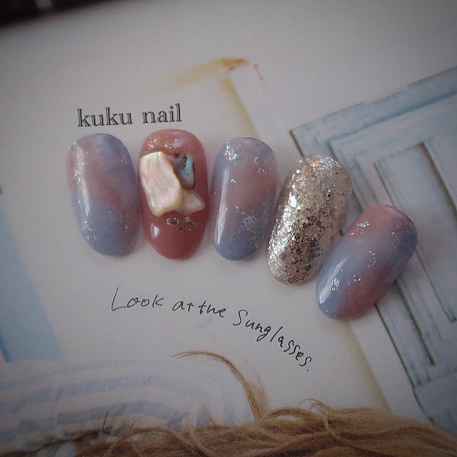 シェルニュアンスネイル ピンク ブルー Kuku Nail