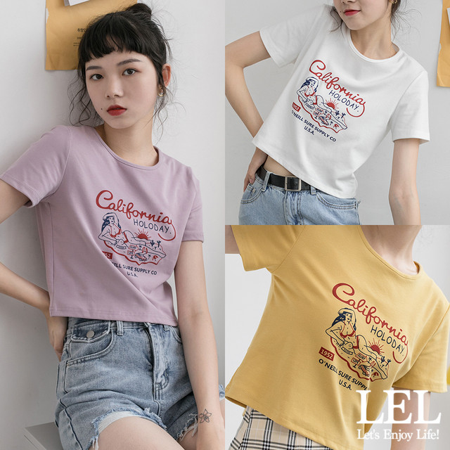 カリフォルニアイラスト ショート丈カラー 半袖tシャツ トップス フェミニン ガーリー おすすめ 新作 春夏 トレンド 韓国ファッション オルチャン 売れ筋 Lel