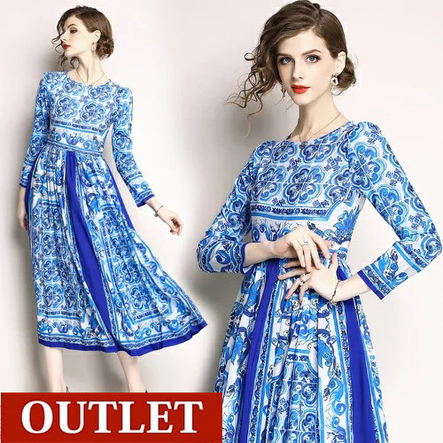 並木万里菜アナ ハードキャッスル エリザベスさんご着用 訳ありアウトレット 送料無料 D160 タイル柄 ロング ワンピース ホワイト ブルー ロイヤルブルー 青 陶器 長袖 ドレスワンピース 袖あり 長袖 膝丈 ミモレ 膝下 ロング シフォンワンピース お呼ばれ 他と被