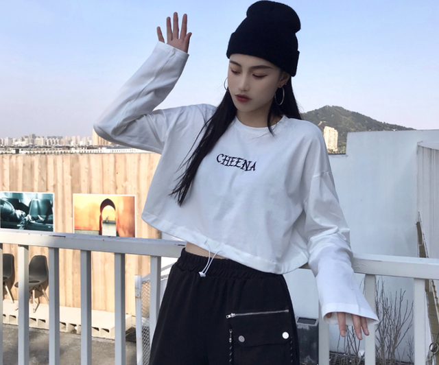 人気アイテム ショート丈 長袖 トップス トップス レディース 長袖 ロンt ショート丈 トップス へそ出し Tシャツ ラウンドネック ロゴ プルオーバー ダンスウエア スポーツウエア 練習着 カジュアル 韓国ファッション 10代 代 シンプル 送料無料 韓国レディース