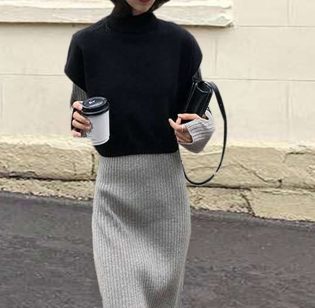 ハイネックベスト ニット ワンピース セットアップ マキシ丈 スカート 長袖 レディース 秋冬 J Aeka Clothet