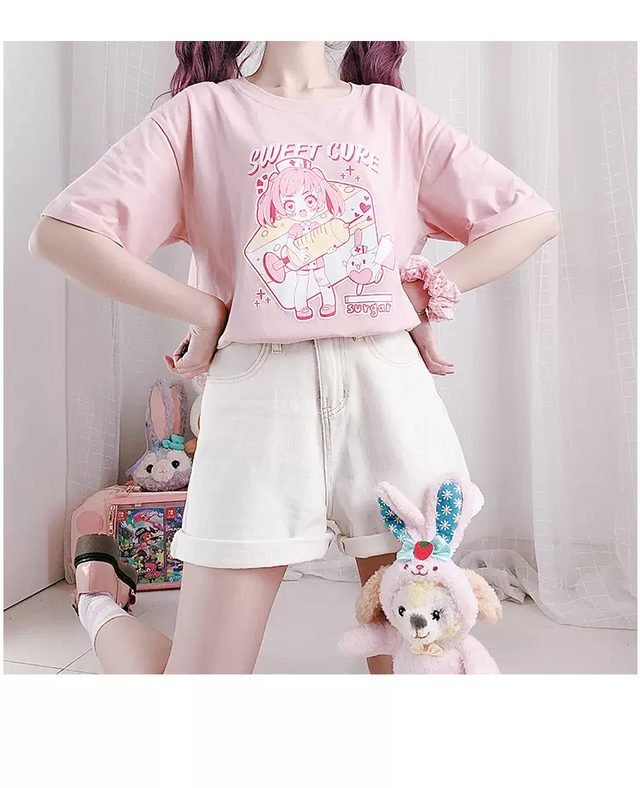 Top Mode トップス Tシャツ ピンク スウィート ラフ ルーズ オーバーサイズ 半袖 ナース 女の子 うさぎ ケーキ ゆるかわ 病みかわいい ゆめかわいい ラブリー キュート 夏 普段使い Z107 Top Mode