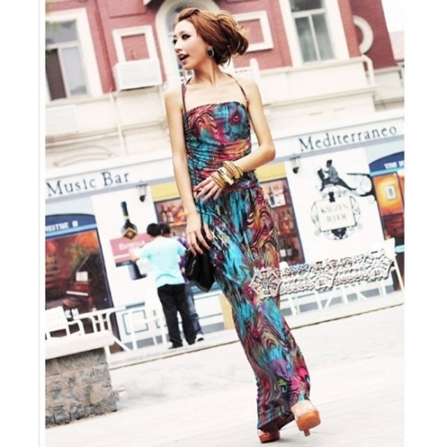 孔雀柄 マルチカラータイトマキシワンピース 515 韓国プチプラ レディースファッション専門店 Flowery