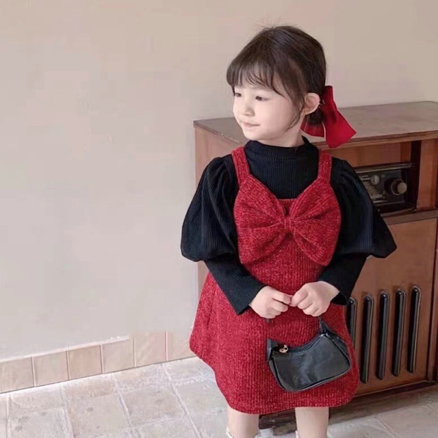 ビックリボンニットワンピース セットアップ 女の子 パフスリーブトップス ベルベット素材 ニット セット キッズ ティーン あったか 秋冬 ビックリボン ワンピース 韓国子供服 セットアップ ニットワンピ 韓国 Ss170 Berceau Select Shop ベルソー セレクトショップ