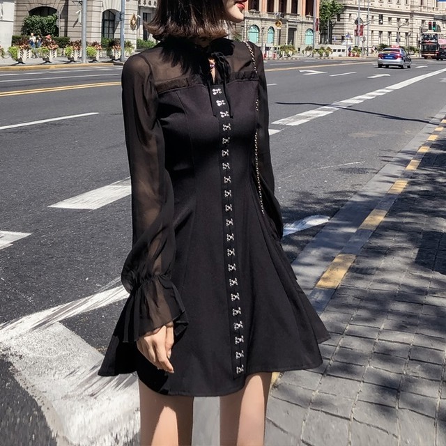リボンタイ ミニドレス ベルスリーブ フリル プリンセスライン ワンピース 透け感 長袖 10代 代 30代 結婚式 二次会 お呼ばれ パーティー レディース R0116 Aeka Clothet Partydress