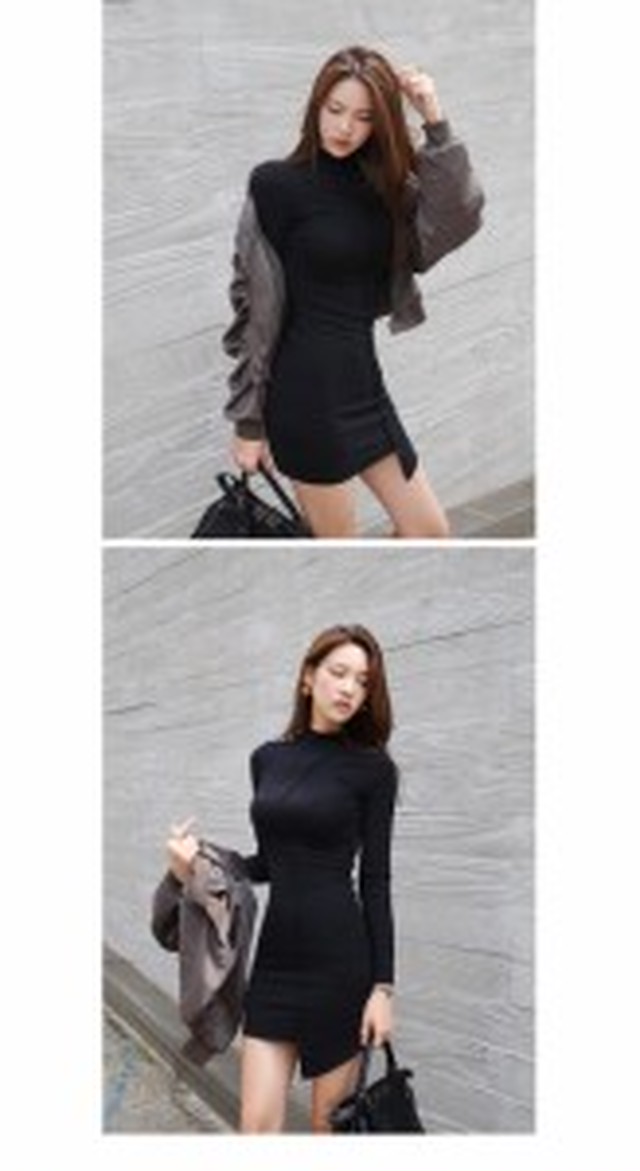 ミニ丈タイトワンピース セクシー ハイネックワンピース 大人カジュアル 大人ブラック 長袖 シンプル アシンメトリー ブラン ニュー ディ