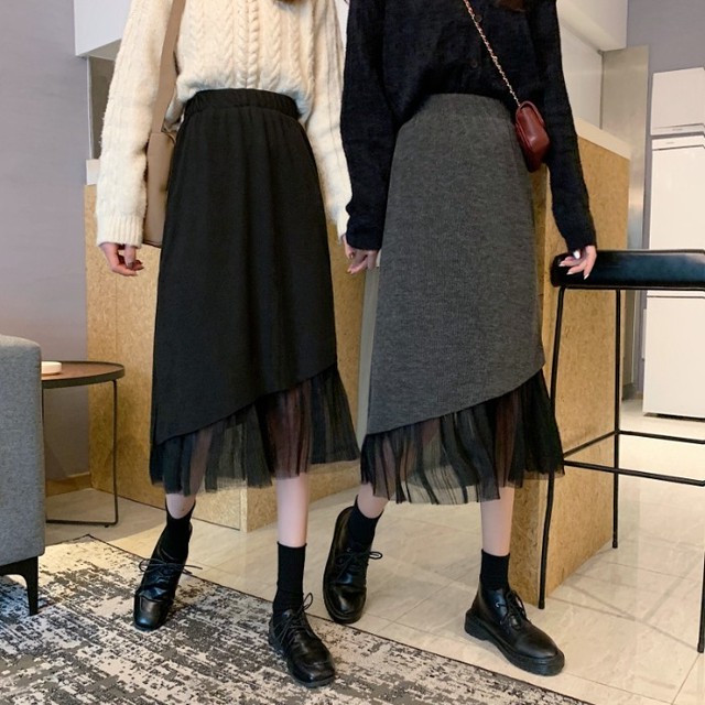 秋冬コーデ ニットスカート ハイウエスト シースルー アシメントリー レース ロングスカート 脚長 Aライン デイリー お出かけ 女子会 Ptnym2746 Shop Suba