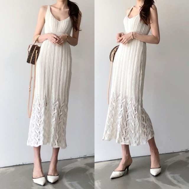 ニットワンピース ノースリーブ 韓国 ファッション 夏服 レディース ワンピース タイト ストレッチ ニットワンピ 夏 キャミワンピース ニットドレス 上品 セクシー ロングワンピース 白 黒 グレー ニットワンピ 夏物 レディース Vestito