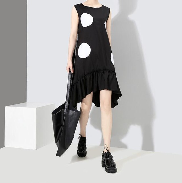 ドット 袖なし ワンピース エレガント 夏 おしゃれ 人気 2色 Nikkihouse