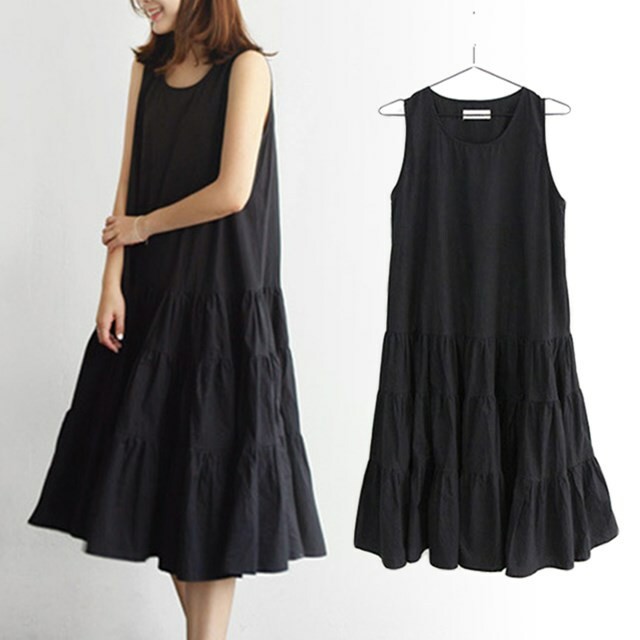 Xlサイズ ノースリーブ ティアード ワンピース 黒 フレア Aライン 春夏 フェミニン Vivam