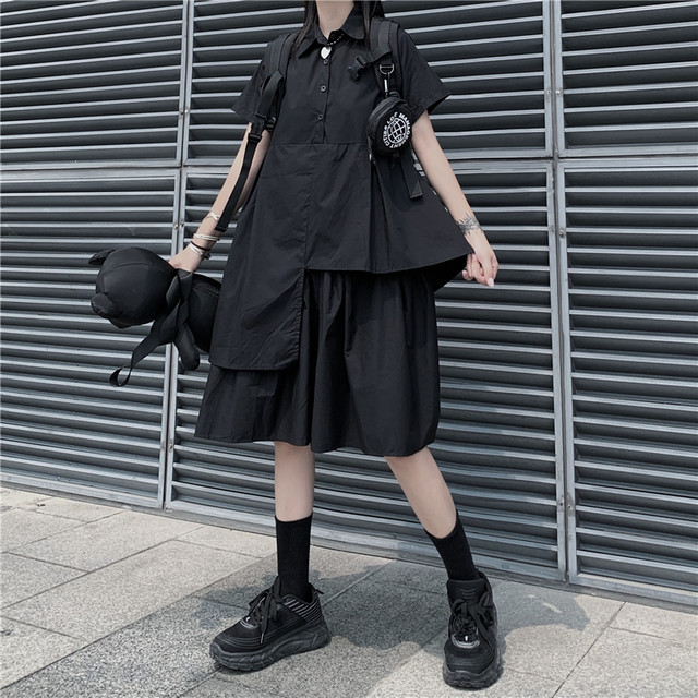 ワンピースレディース夏服韓国ファッショントレンドスタンダードダークロングプリーツスカート レトロ 夏物 スタイル デーモン Pleglad Demon