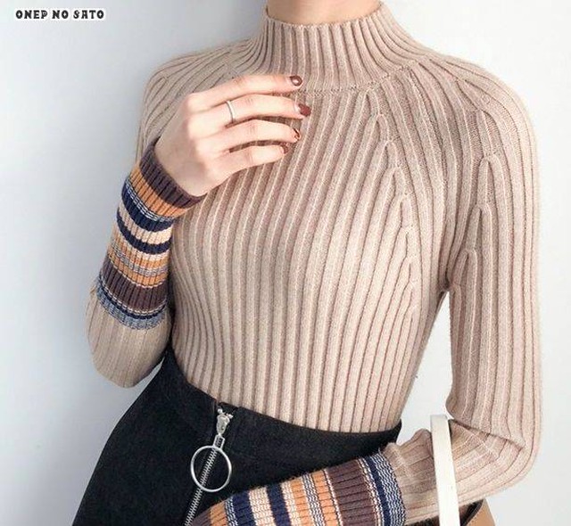 ニット トップス タートルネック ボーダー柄 ケーブル編み スリム カジュアル カットソー レディース 長袖 秋冬 Jm100 ワンピの里