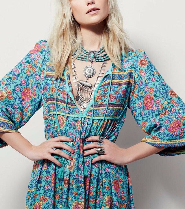 ボヘミアン ワンピース ヴィンテージ風 ボヘミアン ロングワンピース リゾートワンピ Evergreen