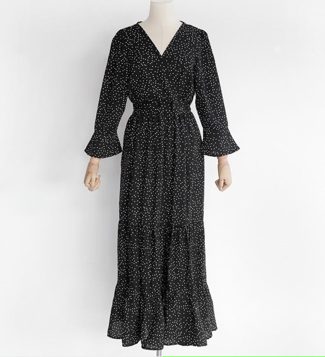 ワンピース 大きいサイズ ドットシフォン ワンピース ロングワンピース 韓国デザイン 韓国ファッション オルチャン 春ワンピース 新作ワンピース 春服 春新作 新作 Leaflower 001 リーフラワー レディースファッション専門店