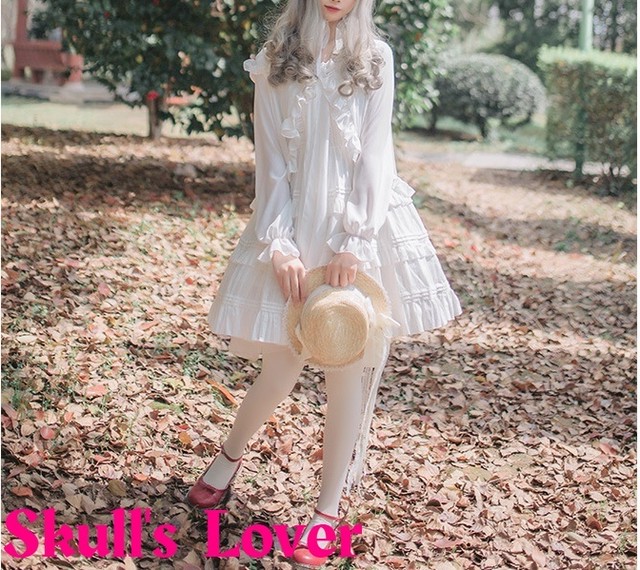 ロリータ ドレス ワンピース 長袖 ミニ ショート丈 夏 ピンク ホワイト コスプレ メイド フリル Skull S Lover