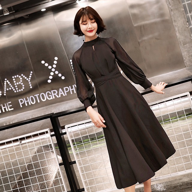 バックリボンワンピース ドレス ひざ丈 ミディアム丈 長袖 ハイネック 透け感 シースルー ウエストリボン ハイウエスト 秋 冬 ブラック パーティ お呼ばれ 結婚式 エレガント 上品 韓国 Like Fashion