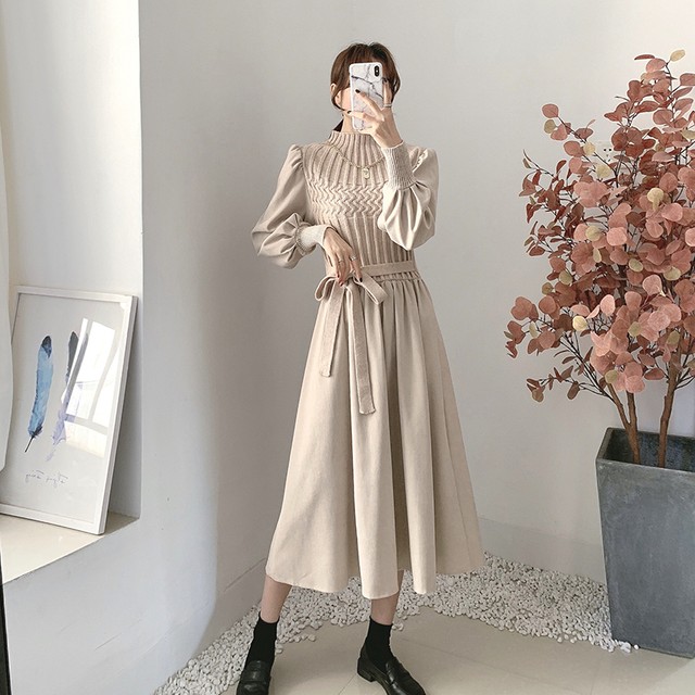 割引クーポン対象品 レディース ワンピース 秋冬 フェイクツーピースニットワンピース ウエストマーク ボリューム袖 パワーショルダー ロング丈 ニット 期間限定 30 Off Ggjapan Jp