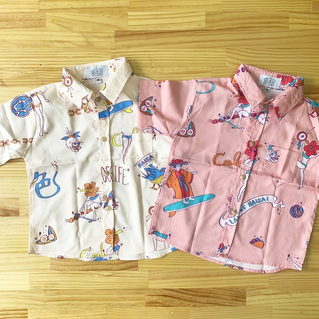 イロカライフオリジナルコミカルうちなー(沖縄)柄のキッズアロハシャツ
