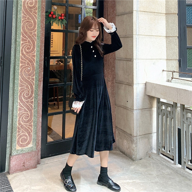 ベロアワンピース ワンピース ロング丈 レトロ ブラック 黒 スタンドカラー おしゃれ きれいめ 韓国 オルチャン 韓国レディースファッション通販 ポワン