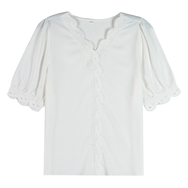 レディース レース ブラウス 半袖 Vネック 半袖ブラウス 白ブラウス 白シャツ スカラップ レース 大人可愛い フェミニン ガーリー お出かけ デート 女子会 ホワイト 春 夏 秋 代 30代 40代 アラサー アラフォー M L At459 Sunny Place