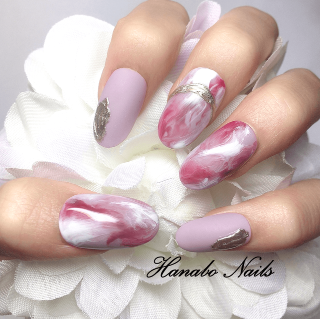 No 57 ピンクパープルのマーブルネイル Hanabo Nails