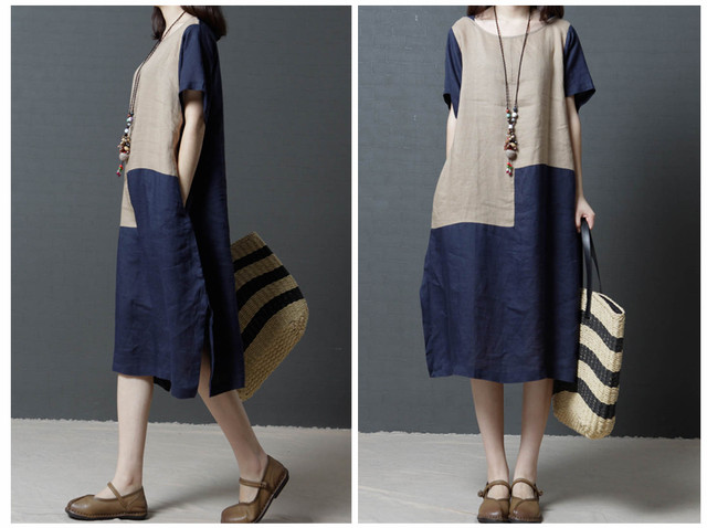 ルーズプラスサイズの女性のファッションの快適なコントラストカラーのリネンドレス 大きめサイズ スプリング 春物 サマー 夏物 新作 レディース 送料無料 Idufs レディース 韓国ファッション 直輸入通販 セクシーワンピース クールカジュアル 全品送料無料