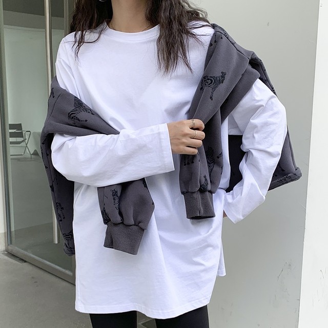 カットソー Tシャツ ビッグシルエット スリット 長袖 ラウンドネック 無地 コットン 重ね着 インナー 大人可愛い カジュアル デイリー 春秋冬 Choco Chaco