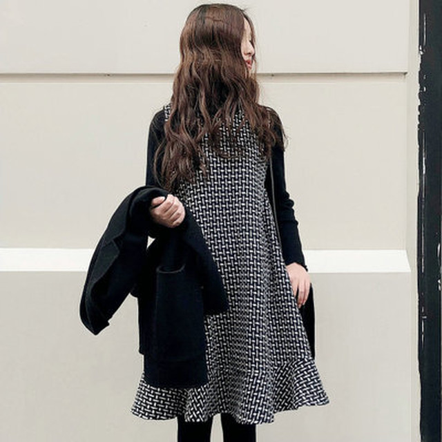 ノースリーブワンピース タートルネック ニット セーター 2セット フレア Aライン 膝丈 大きめサイズ ゆったり 体型カバー マタニティー ふんわり 長袖 暖か 格子柄 シック シンプル 大人可愛い オシャレ お出かけ デート 女子会 秋 冬 重ね着 レディース 女性 つらら商店