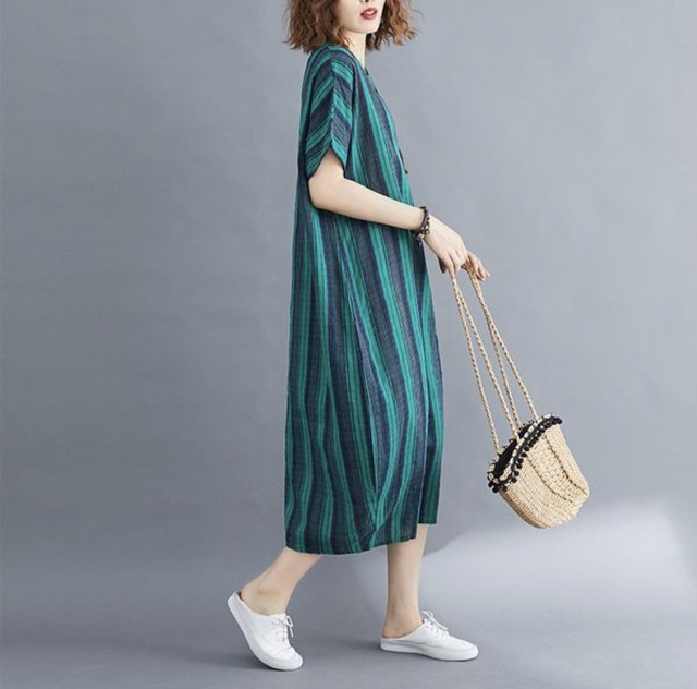 薄手 コクーン ワンピース ワンピ ストライプ グリーン マキシ丈 体型カバー 妊婦 マタニティーコーデ 普段着 Fashionnshop Powered By Base