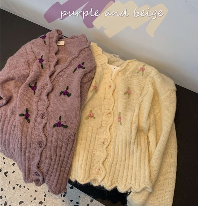 新作 韓国 花柄刺繍 ニット カーディガン 可愛い ニットカーディガン フリル Ririan 韓国ファッション 韓国雑貨 送料無料