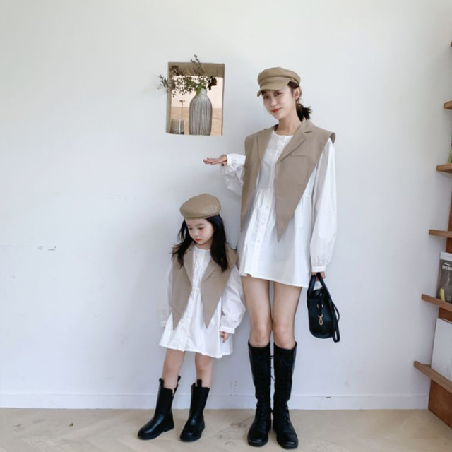 全2色 ブラウス 長袖 丸首 襟なし チュニック ワンピース 襟付きベスト 白 黒 2点セット セットアップ 春 秋 ママ ペア おそろい 子供 キッズ 女の子 女児 Na146 Berceau Select Shop ベルソー セレクトショップ キッズ 親子ペアetc