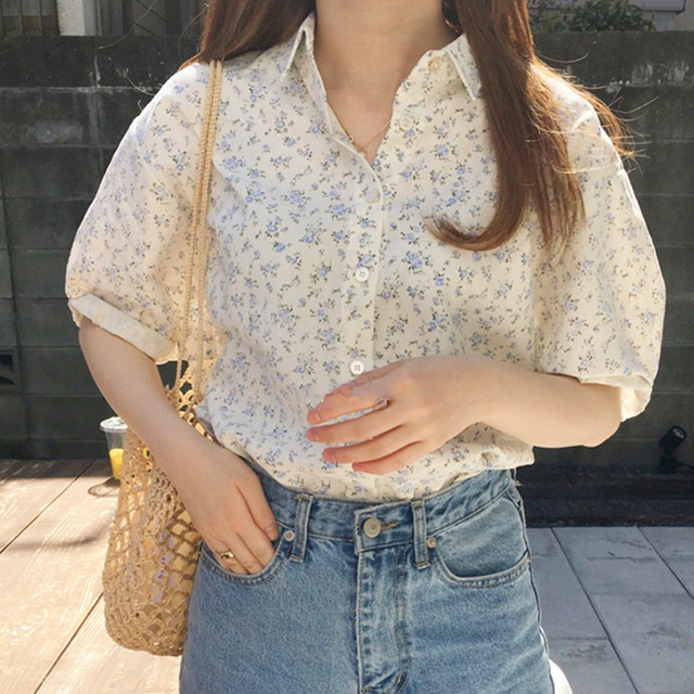 レディース トップス 春夏秋 シャツ ブラウス 半袖 パフスリーブ コットンシャツ 小花柄 カジュアル きれいめ おしゃれ ガーリー ブルー ピンク Hf Haru Meets Foo