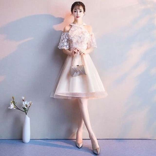 ドレス ワンピース オフショルダー ハイネック テールカット フレア ミニ丈 アシンメトリー ハイウエスト レース チュール 無地 およばれ 二次会 謝恩会 パーティー 演奏会 発表会 エレガント ウッディーベース1号店